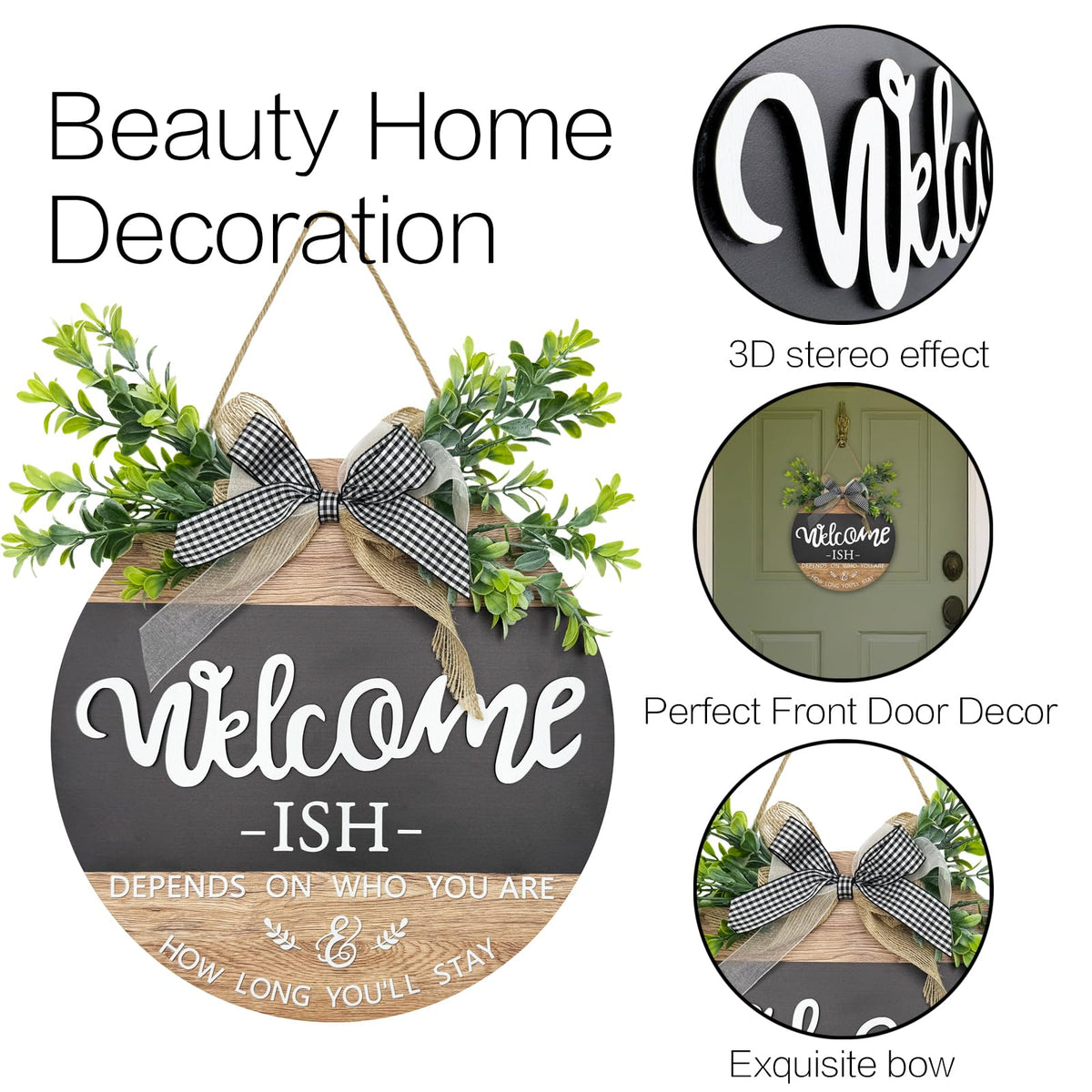 Round Wood Welcome Sign for Front Door,Rustic Hanging Wood Wreaths Sign,Farmhouse Porch Fence Welcome Wreaths Decorations.(12inch)