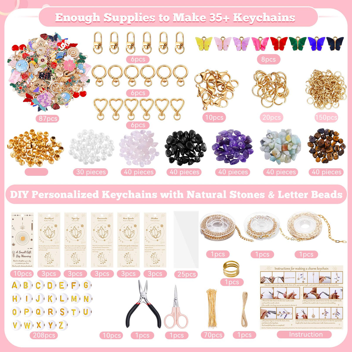 TOHONGADON 907 Pcs Lip Gloss Charms, Keychain Making Kit, Bag Charm Kit with 5 Kinds of Crystal Stones, 343 Charms, 24 Keychain Clips, Key Ring Jewelry Plier, Extender Chain for DIY Crafting