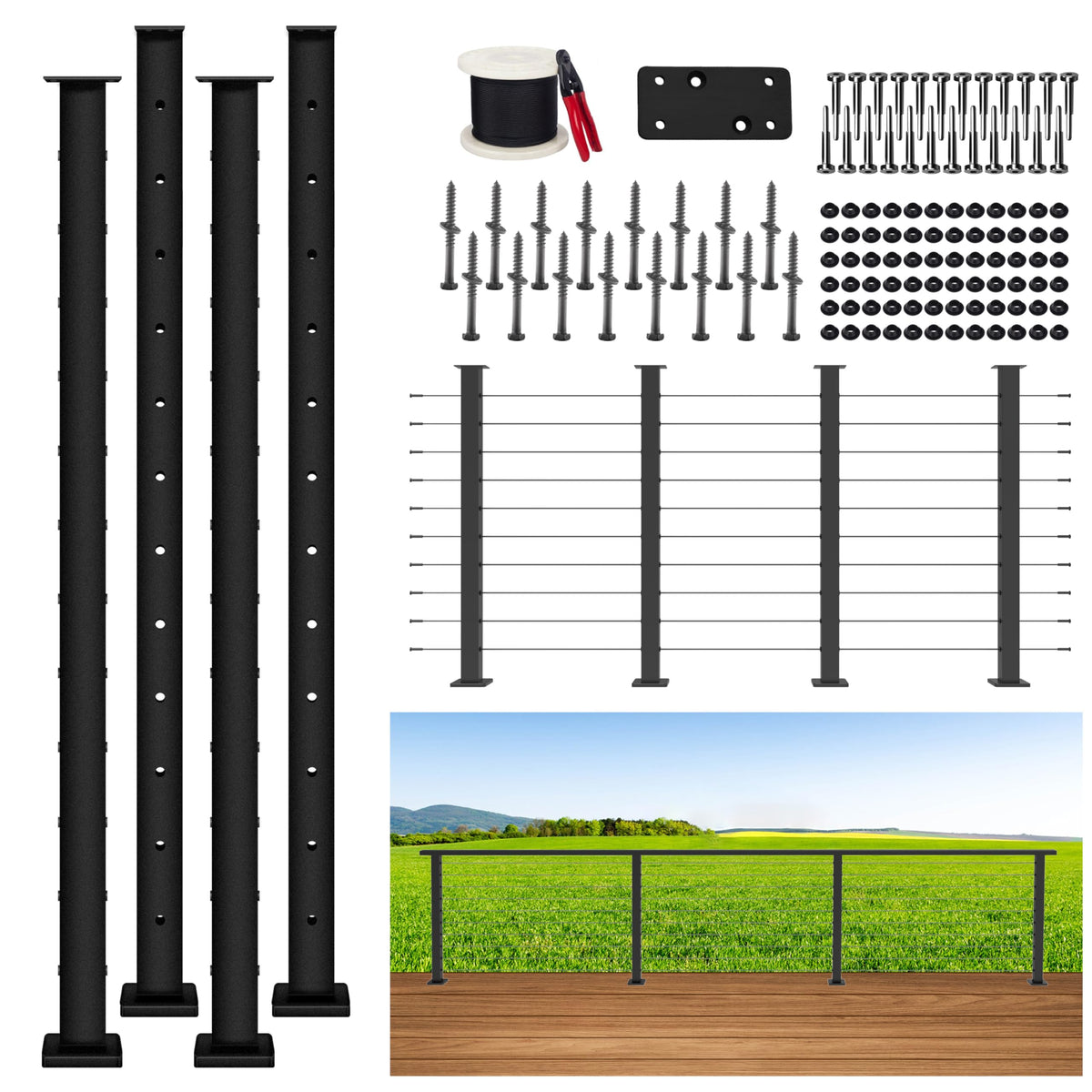 Patavin 15FT 42" Complete Black Cable Railing Post Kit 4 line Post Kit -Cable Railing System for Deck Easy DIY (No Handrail)