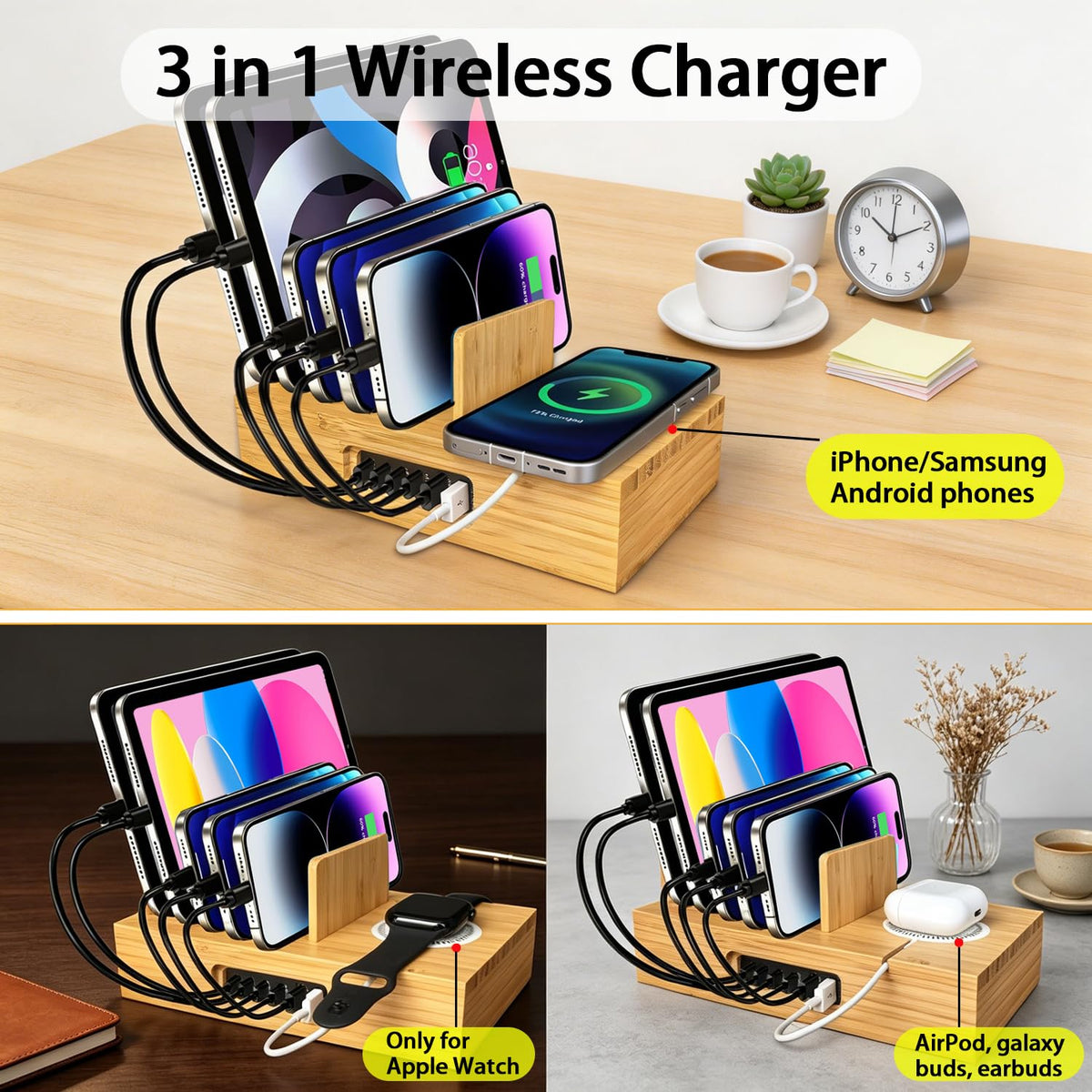Xunhonom 6 Port USB Charging Station for Multiple Devices PD 100W Bamboo Charging Station Organzier with Detachable 15W 3 in 1 Wireless Charger Station for iPhone Android Apple Watch AirPod Tablet