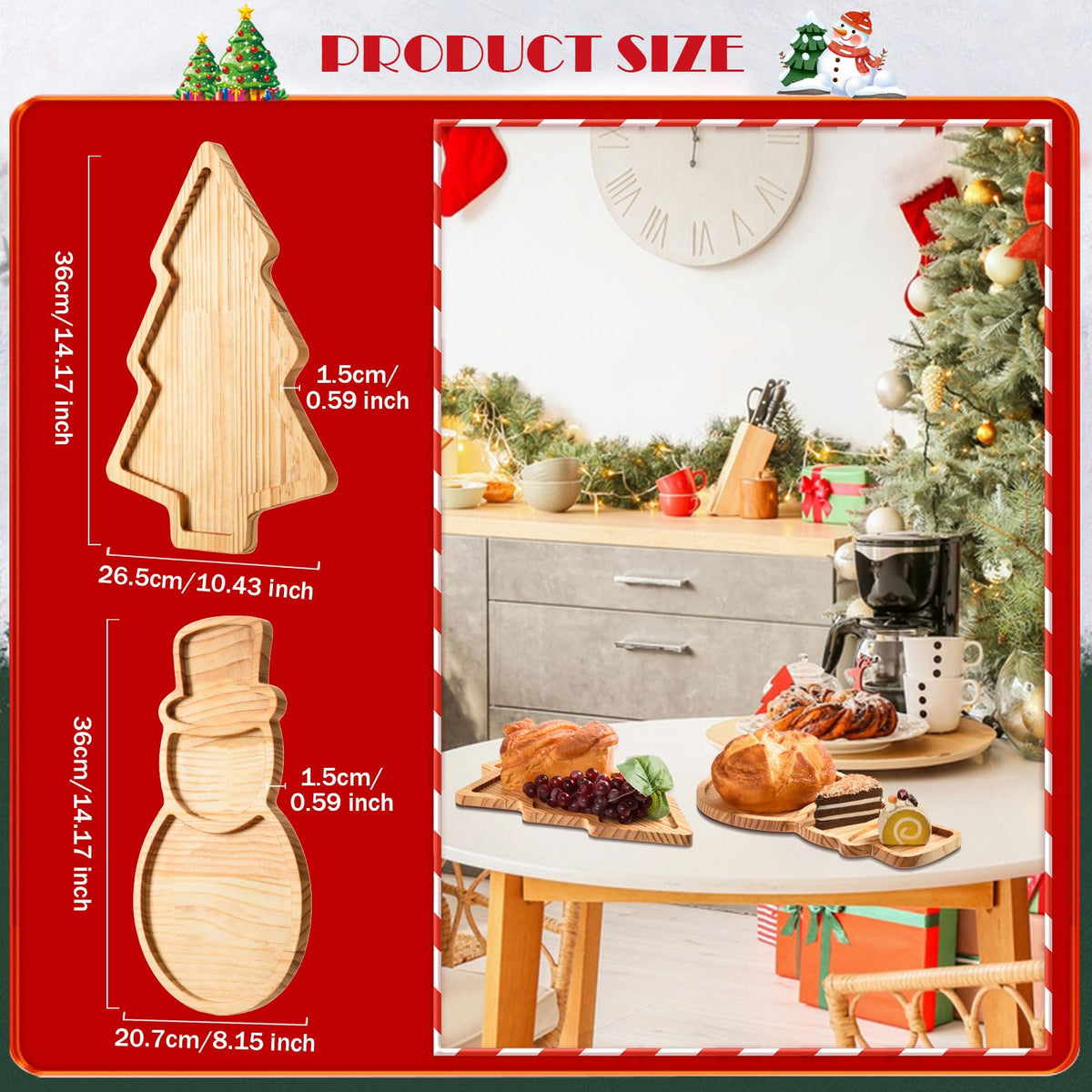 AWIZOM 2 Pcs Christmas Wooden Serving Platters Christmas Tree and Snowman Charcuterie Boards Xmas Wood Trays Decorative Wooden Snack Cheese Dish Plate for Winter Holiday Housewarming Present