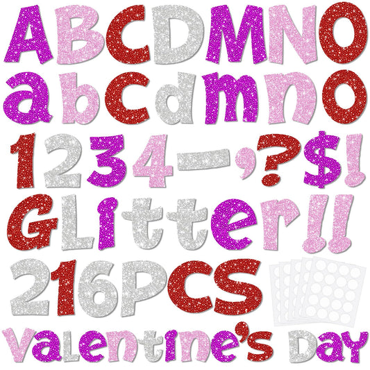 Colarr 216 Pcs Glitter Bulletin Board Letters for Classroom Number Alphabet Punctuation Symbol Cutout 4'' Die-Cut Poster Letter with Adhesive Dot School Party Holiday Decor Display(Valentine Color)