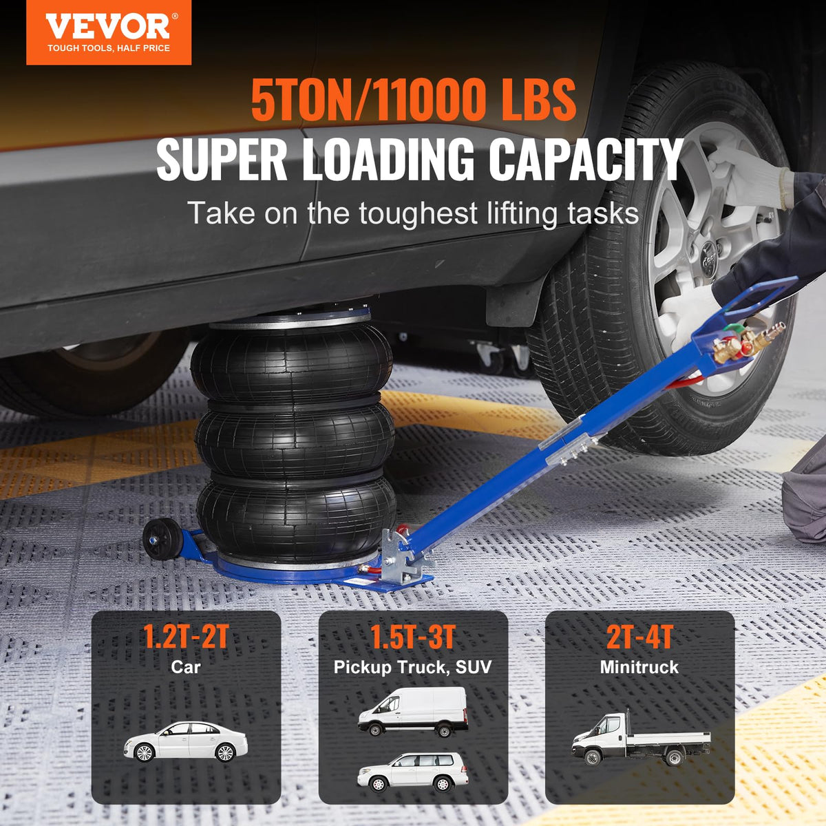 VEVOR Air Jack, 5 Ton/11000 lbs Triple Bag Air Jack, Airbag Jack with Six Steel Pipes, Lift up to 18.5 inch/470 mm, 3-5 s Fast Lifting Pneumatic Jack, with Adjustable Handle for Car, Garage, Repair