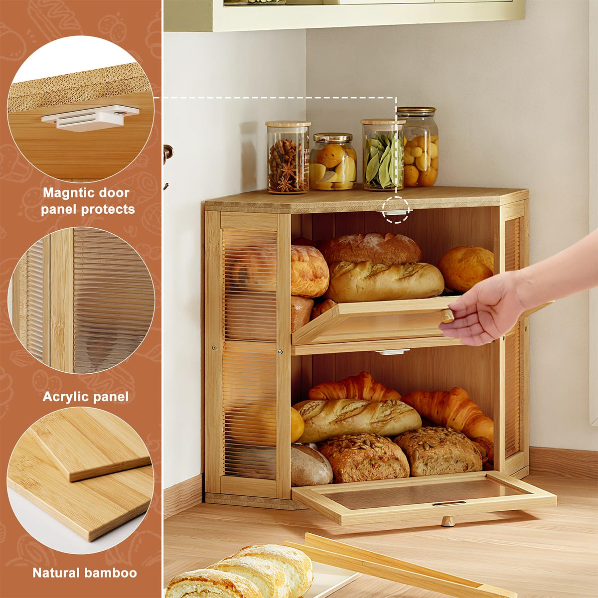 WOWLIVE Corner Bread Box for Kitchen Countertop, Double Layer Bamboo Bread Storage Container, Large Farmhouse Bread box with Acrylic Wavy Door Panel, Under Cabinet Organizer (Natural, Medium)