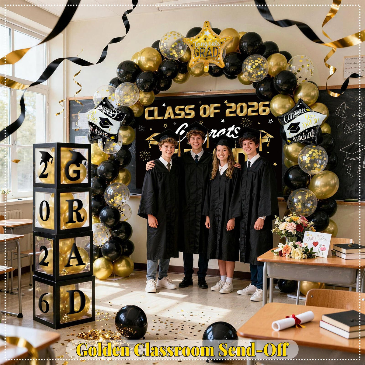 Black and Gold Graduation Decorations 2026, 138 Pcs Graduation Balloon Arch Kit with 4 Grad Boxes, 2026 Graduation Backdrop, Foil Balloons & Congrats Grad Party Decor