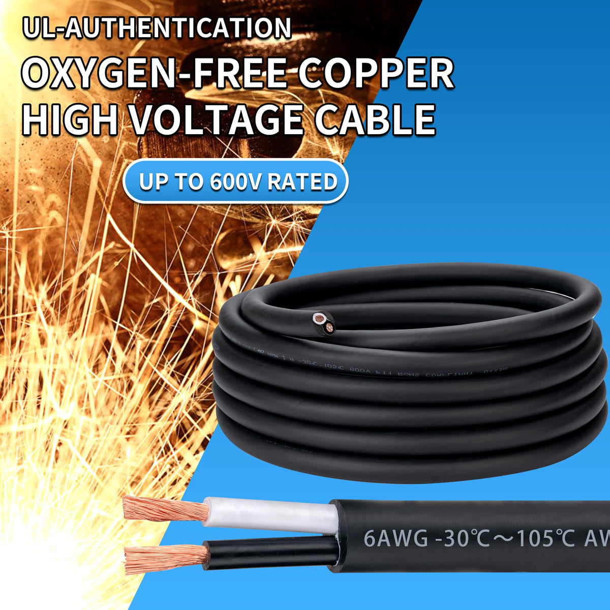6 Awg 2 Wire Cable 100FT 600V 6 Gauge 2 Conductor Electrical Wire for Motor Leads, Portable Lights, Battery Chargers, Machinery, Large Speakers (6AWG-2C, 100FT)
