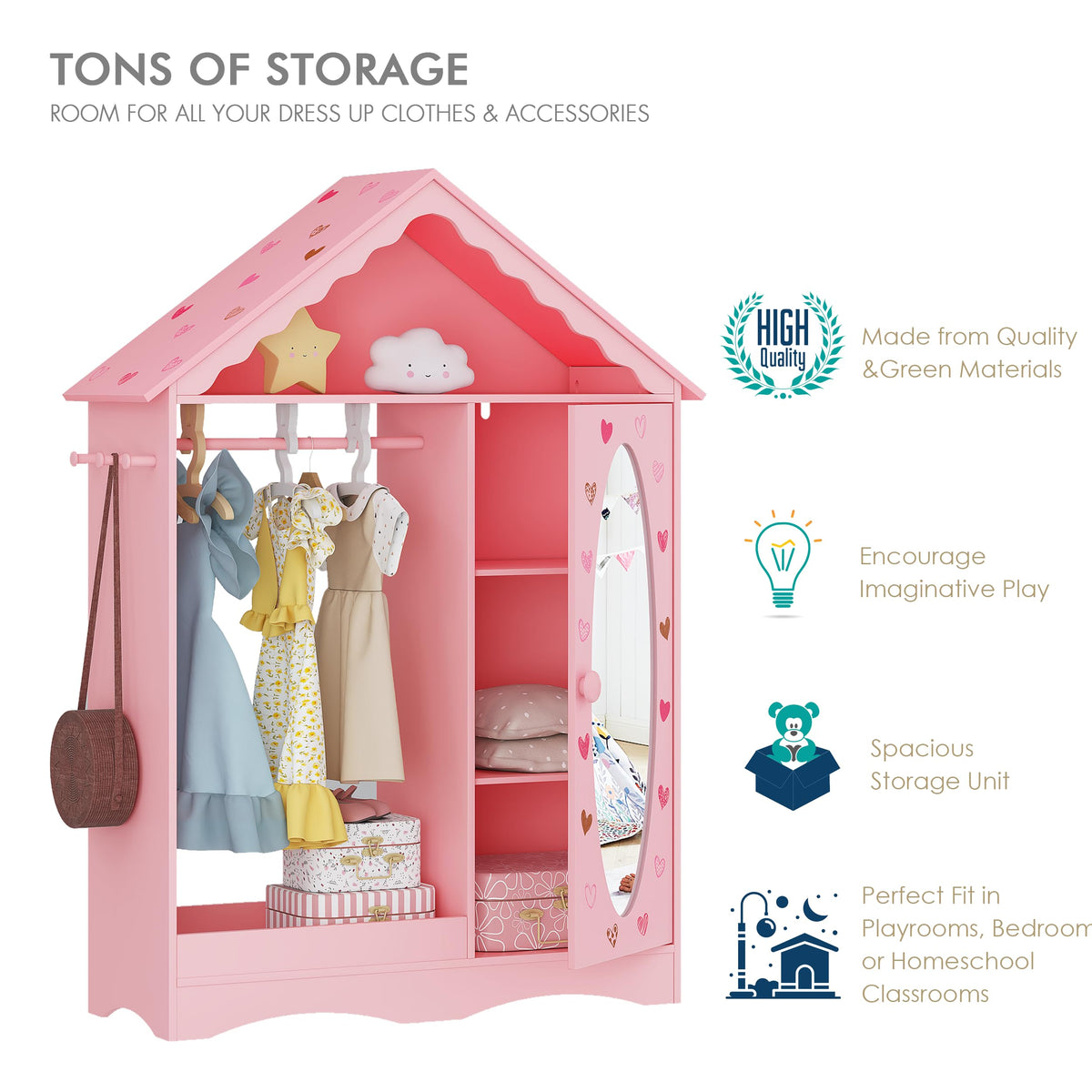 UTEX Kids Dress Up Storage with Mirror, Kids Wardrobe Closet, Dress Up Armoire for Little Girls, Open Hanging Costume Organizer with Storage Cabinet for Kids Room, Playroom