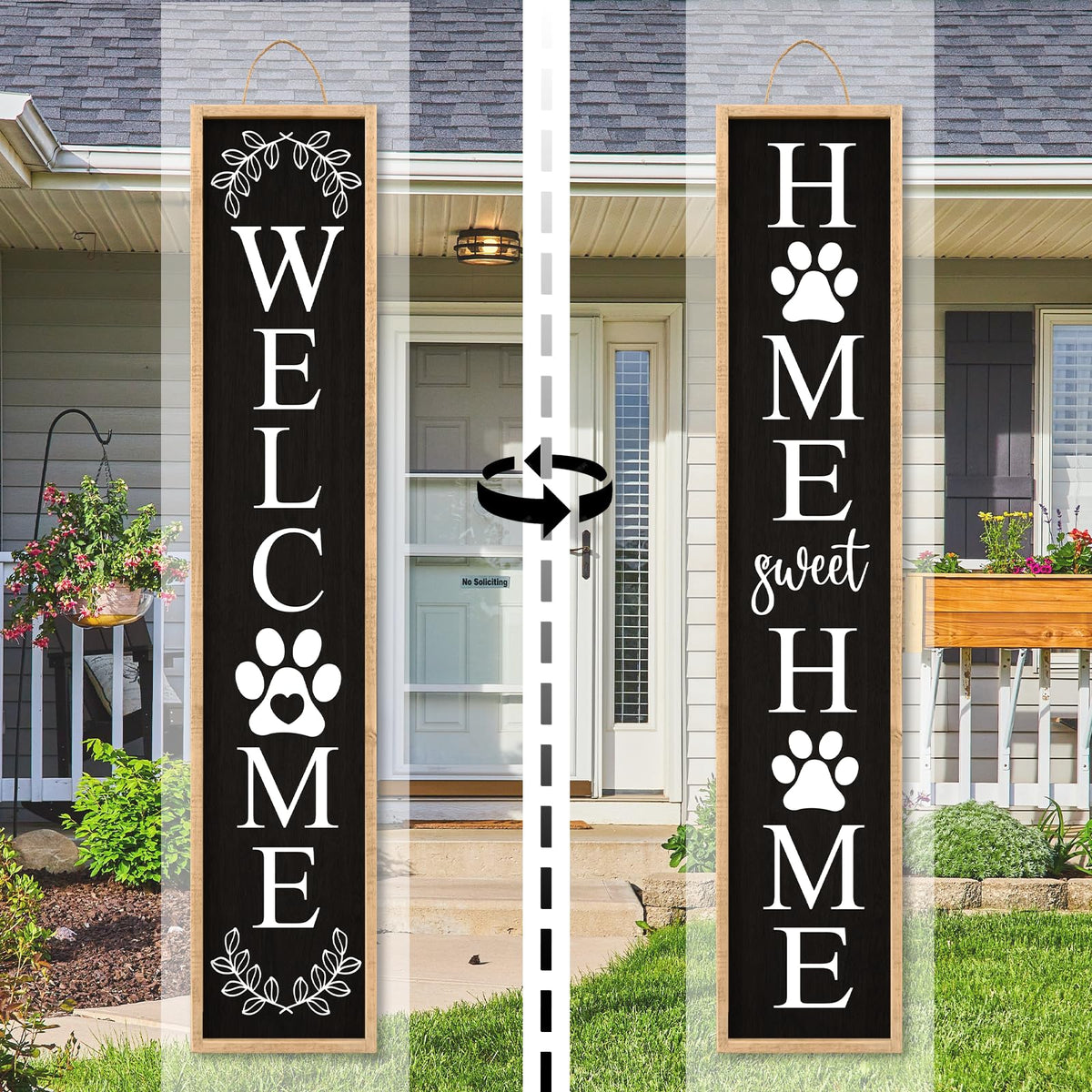 Aurapeak Outdoor Welcome Sign for Front Porch Door Decor, Home Sweet Home Sign Door Outside Standing Large 2 Sided Dog Paw Farmhouse Modern Wooden Frame Vertical Leaner (45"X9" Wood Black)