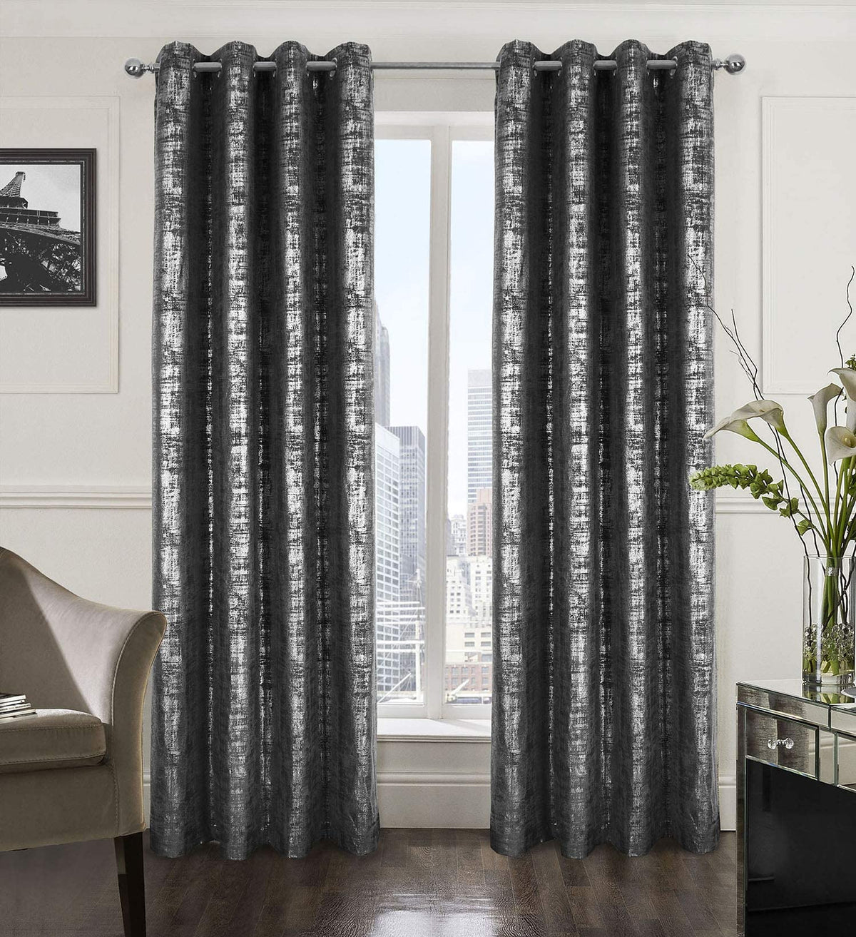 always4u Soft Velvet Curtains 95 Inch Length Luxury Bedroom Curtains Silver Foil Print Window Treatments for Living Room Set of 2 Charcoal Grey