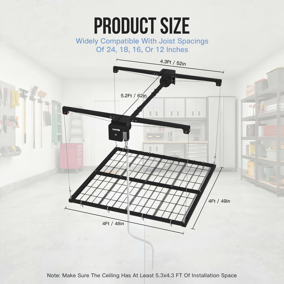 GarveeTech 4x4 ft Overhead Garage Storage Rack, Adjustable Heavy Duty Hanging Garage Ceiling Storage Rack System, 300 Lbs Weight Capacity