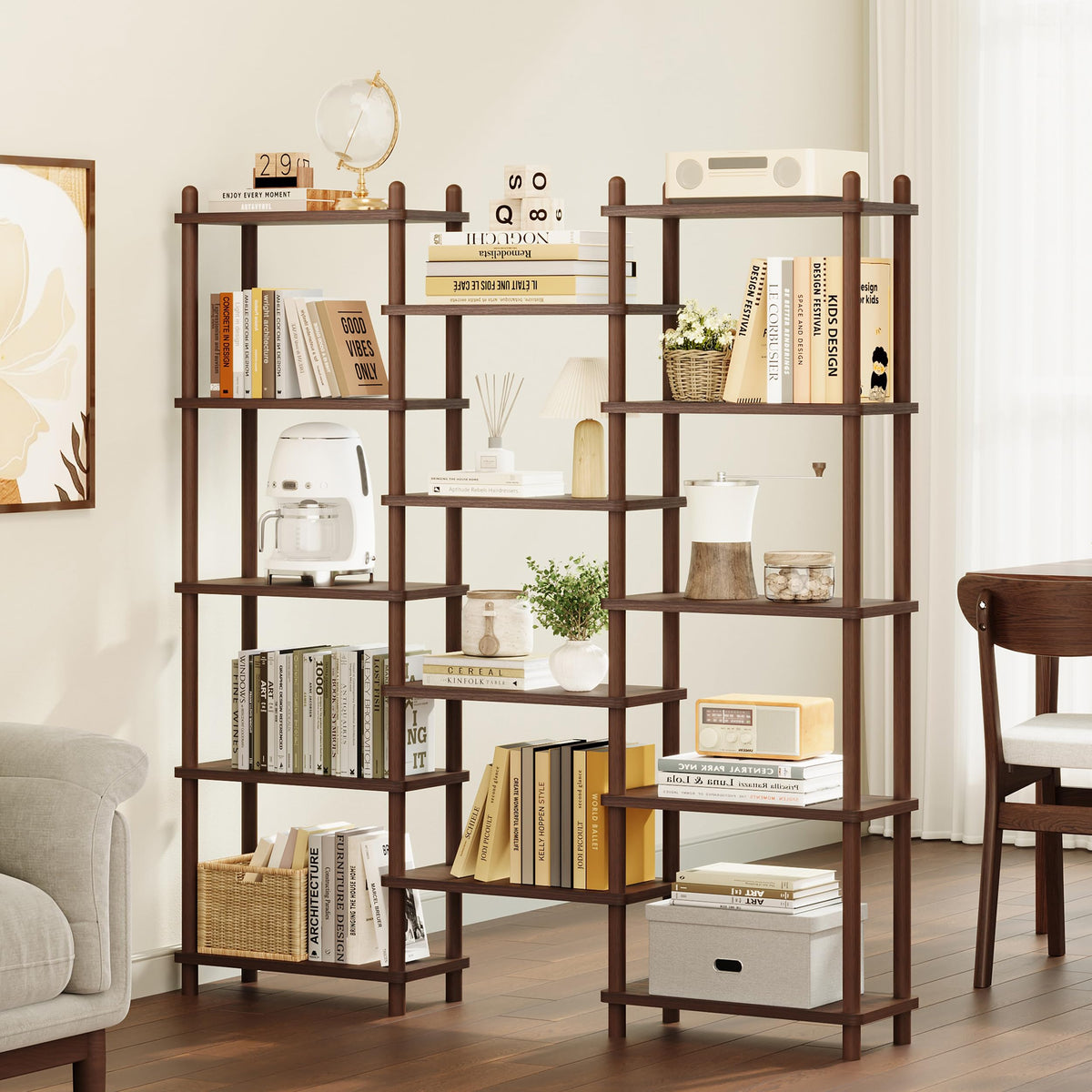 IOTXY Wooden Triple Wide Bookshelf - 5-Tier Large Shelf Bookcase with Solid Beech Frame, Tall Freestanding Open Etagere Display Rack for Home Office, Walnut