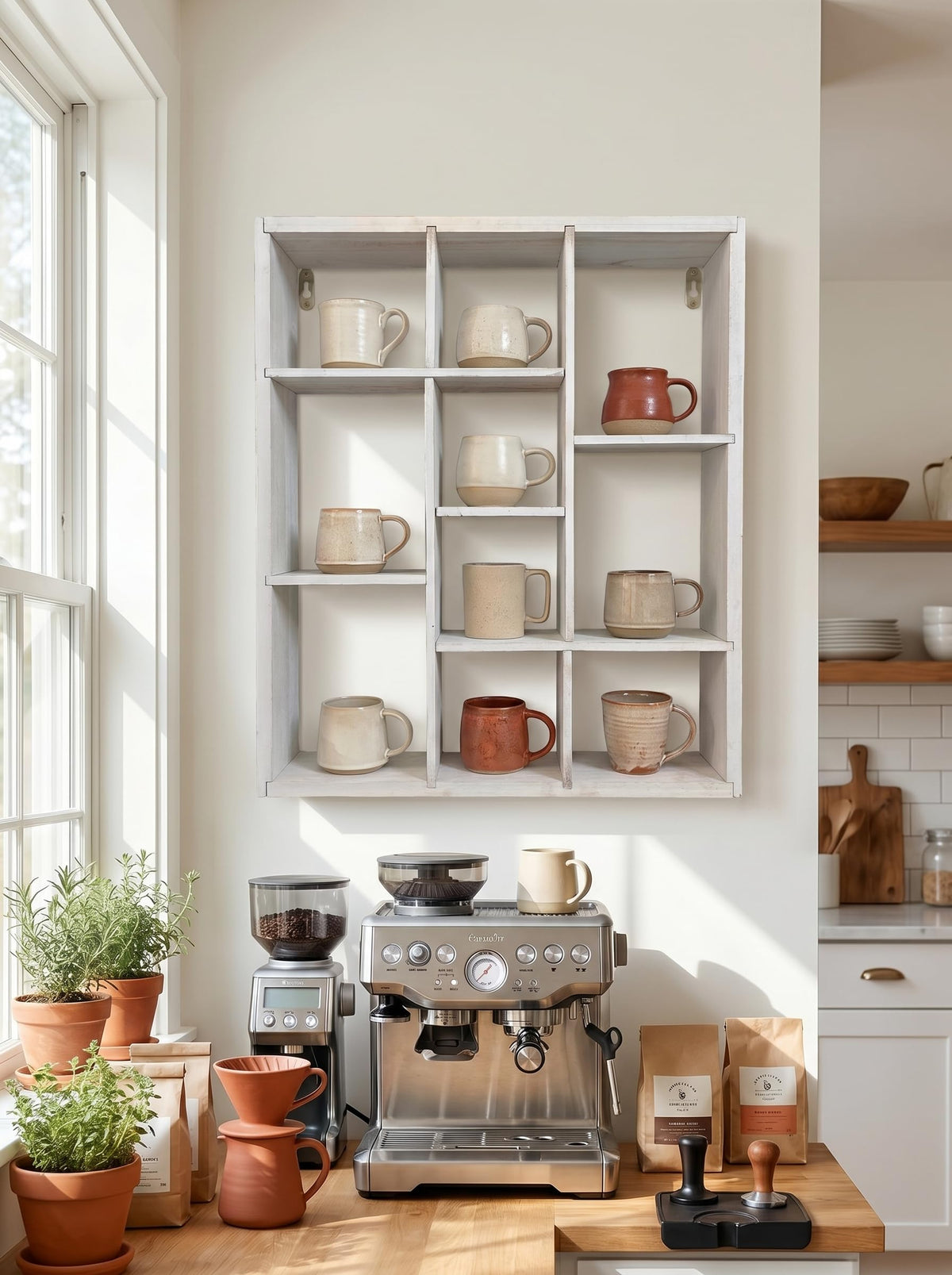 YIYUESHIJIU Coffee Mug Display Rack,19 X 24 in Rustic Wooden Shot Glass Display case Oversize Mug Holder for Collectible Mugs, Kitchen, Office or Coffee Bar Decor (Old White)