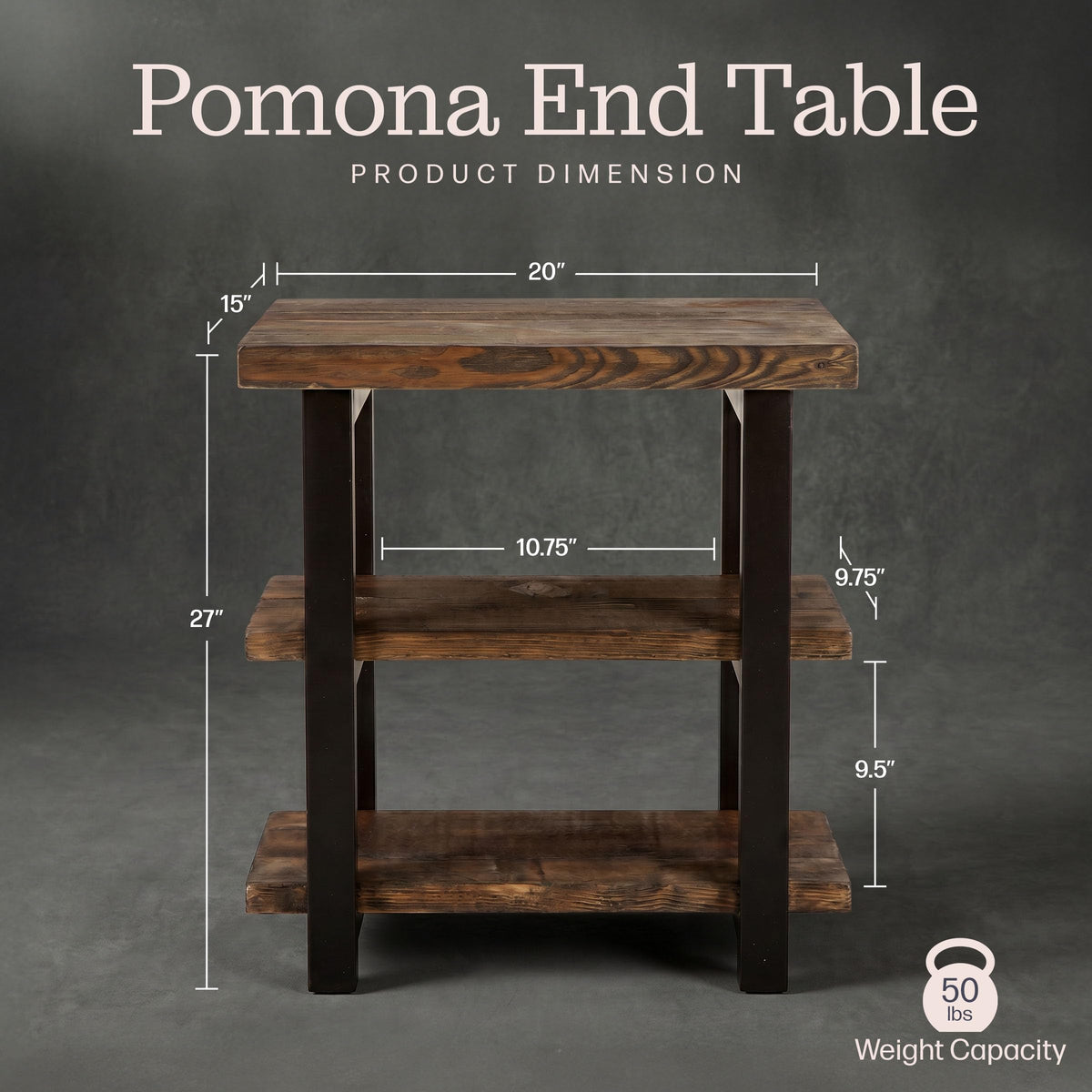Alaterre Furniture Pomona Living Room 3-Tier Solid Wood End Table with Metal Legs & Storage Shelves – Modern Rustic Industrial Space-Saving Side Table or Nightstand (Rustic Brown)