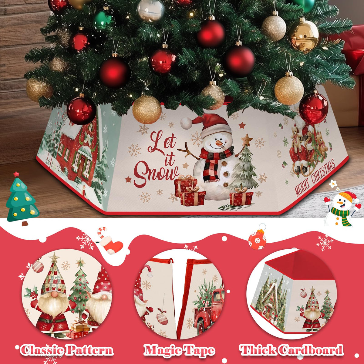 Christmas Tree Collar for Artificial Trees, Red Winter Snowman Truck Santa Claus Rustic Country Christmas Decoration, Fabric Hexagonal Base Tree Collar Skirt for Xmas Tree Decorations Holiday Party