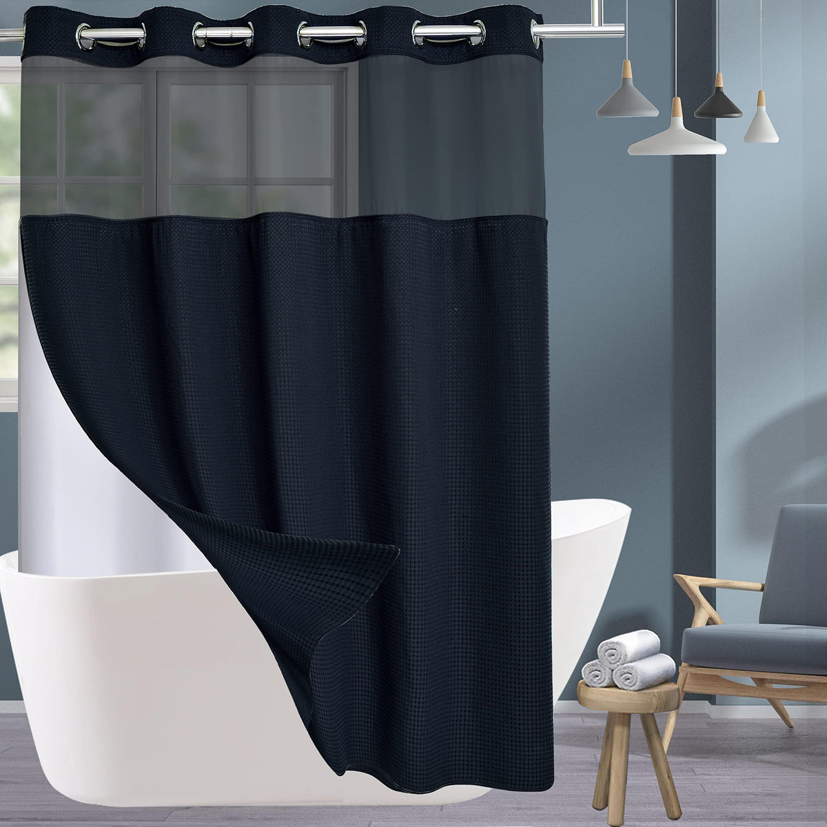 Conbo Mio No Hook Waffle Weave Shower Curtain with Snap in Liner Set, Hotel Luxury Black Shower Curtains for Bathroom with See Through Top Window, Waterproof, Washable 71W x 74H