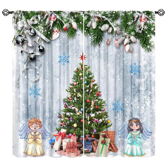FengMingRui Kids Christmas Curtain for Bedroom Angel Pine Tree Christmas Tree Pine Leaves Winter Holiday Christmas Decor Window Drapes 52" W X 84" L