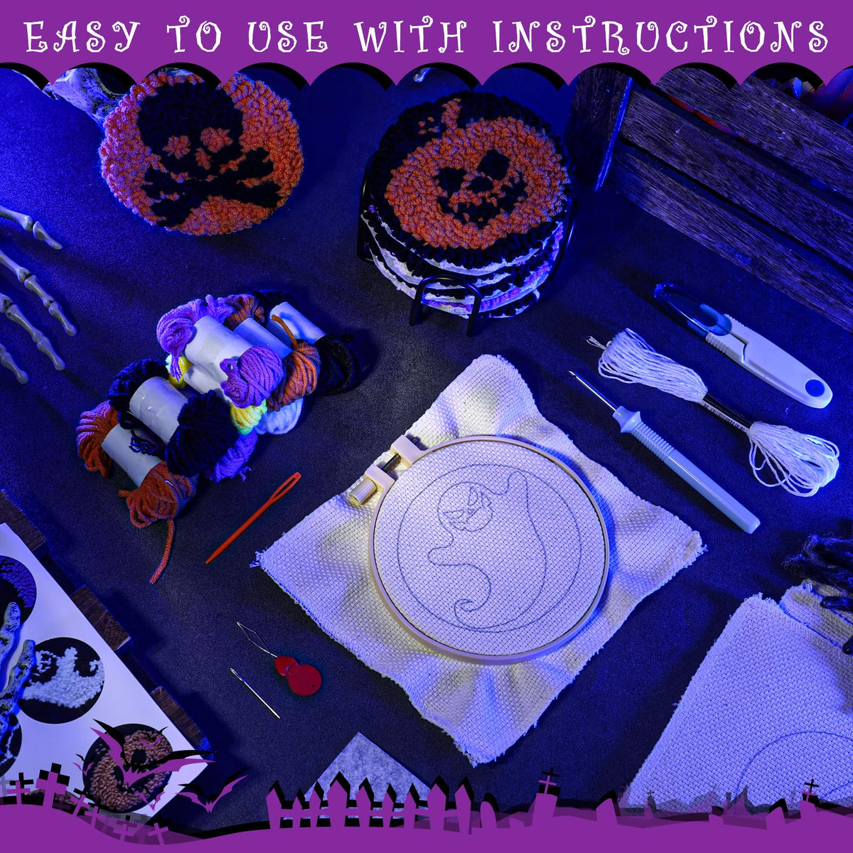 Yaomiao 6 Pcs Halloween Punch Needle Coaster Kit Punch Needle Embroidery Kits Craft Supplies with Patterns Yarns Tools Adhesive Felt Embroidery Hoop Instruction Holder for Adult DIY
