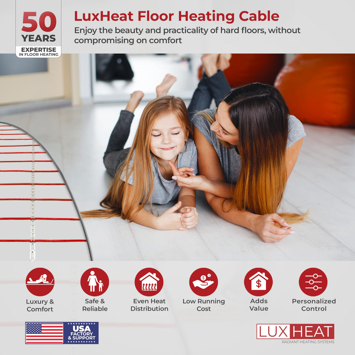 LuxHeat 30sqft Floor Heating Cable Kit - 120v Heated Floor Kit for Tile - Heated Flooring System Includes UDG4 Programmable Thermostat w/GFCI, Electric Heating Cable, Strapping, Sensor & Alarm
