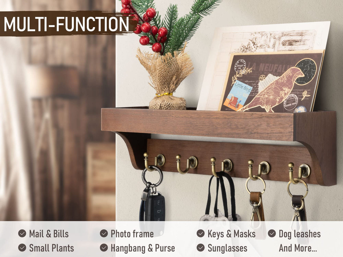 Rebee Vision Farmhouse Key Holder for Wall - Decorative Wooden Mail Organizer with 5 Rustic Key Hooks and Floating Shelf for Home Decor, Hallway, Entryway, Appartment (Retro Brown)