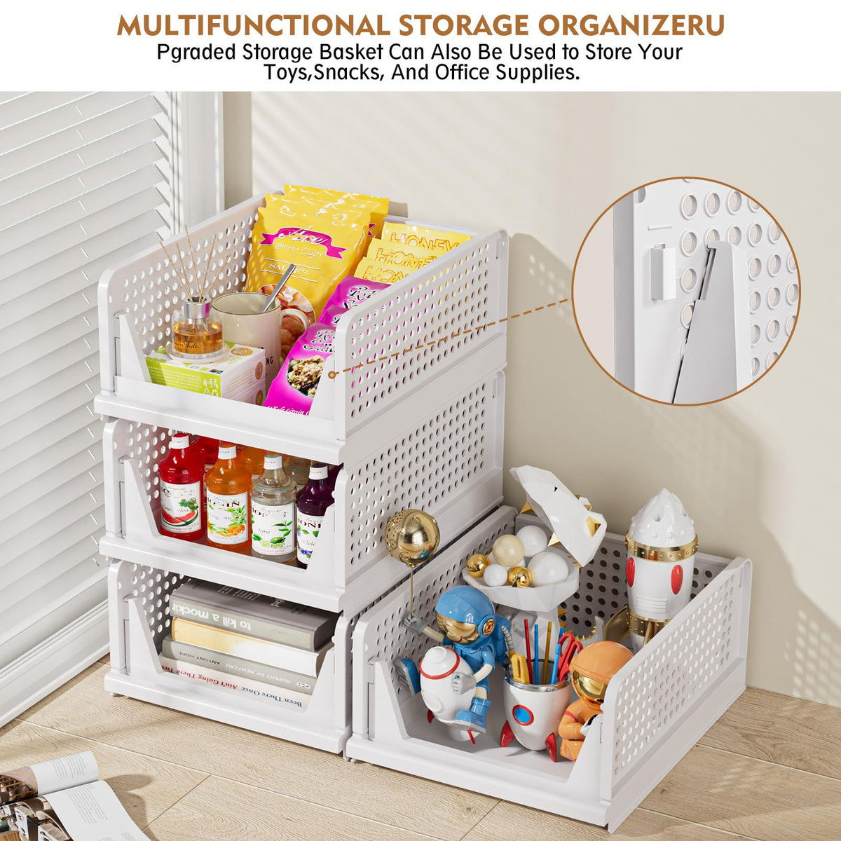 SNSLXH 5 Pack Stackable Closet Storage Basket, Multifunctional & Foldable Closet Organizer for Bathroom Kitchen Laundry Room Wardrobe Storage, Space-Saving Clothes Storage Drawer Organizer, White