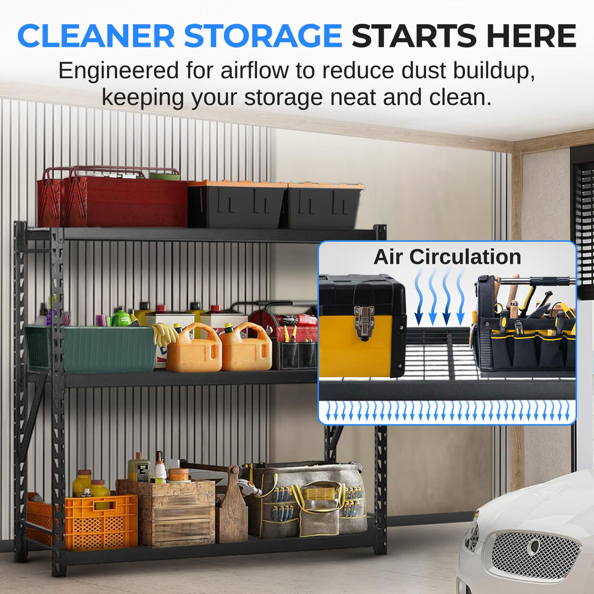 SereneLife Heavy Duty 3-Tier Metal Garage Shelving | 24" x 77" x 72" Extra Wide Adjustable Storage Utility | Freestanding Bulk Storage Rack | Open Wire Mesh Design | 2000 lbs. Capacity