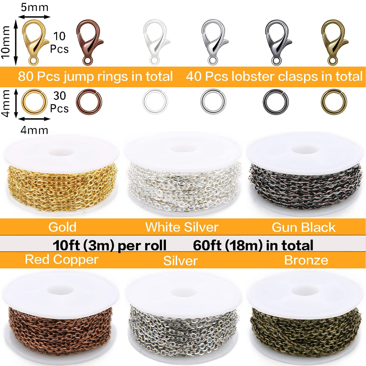 Jishi Chains Jewelry Making Supplies, 60ft Cable Link Chains for Making Jewelry Necklace Earring Bracelet Findings DIY Craft Kit for Adults, 6-Color 2mm Gold Silver Copper Plated Metal Link Rolls Bulk