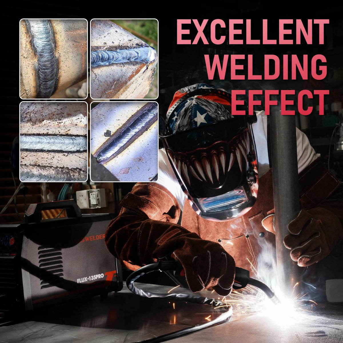 YESWELDER 135Amp Flux Core MIG Welder FLUX-135PRO,110V Flux Core MIG/Lift TIG/Stick 3-in-1 Digital Display Welding Machine & LYG-L600A Auto Darkening Blue Light Blocking Welding Helmet
