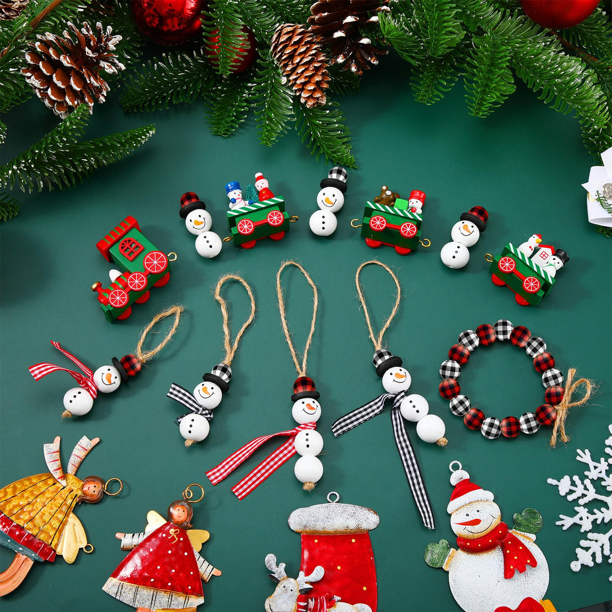 Landical 180 Piece DIY Christmas Snowman Wooden Bead Crafts Christmas DIY Ornaments Red Black Buffalo Plaid Wood Round Bead Xmas Print Wooden Beads with Twine Scarf for Crafts