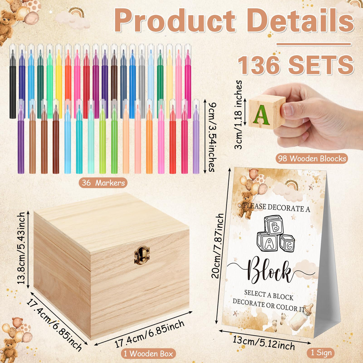 Marsui 136 Pcs Baby Shower Blocks to Decorate Game Kit Includes 98 Wooden Blocks, 36 Markers, 1 Game Sign, 1 Storage Box for Baby Shower Gender Reveal Activity Party Decorations(Brown Bear)