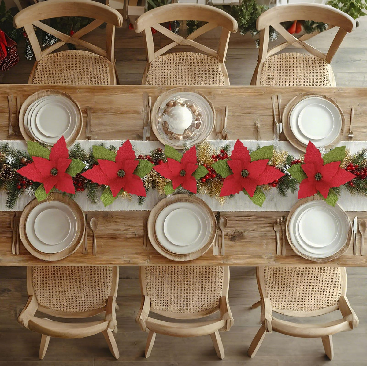 Handmade Poinsettia Christmas Flowers Decoration, Crepe Paper Poinsettia Flower with Clips Christmas Tree Artificial Flower Decorations with Stems for DIY Xmas Wreath Holiday Party Home Wall Decor