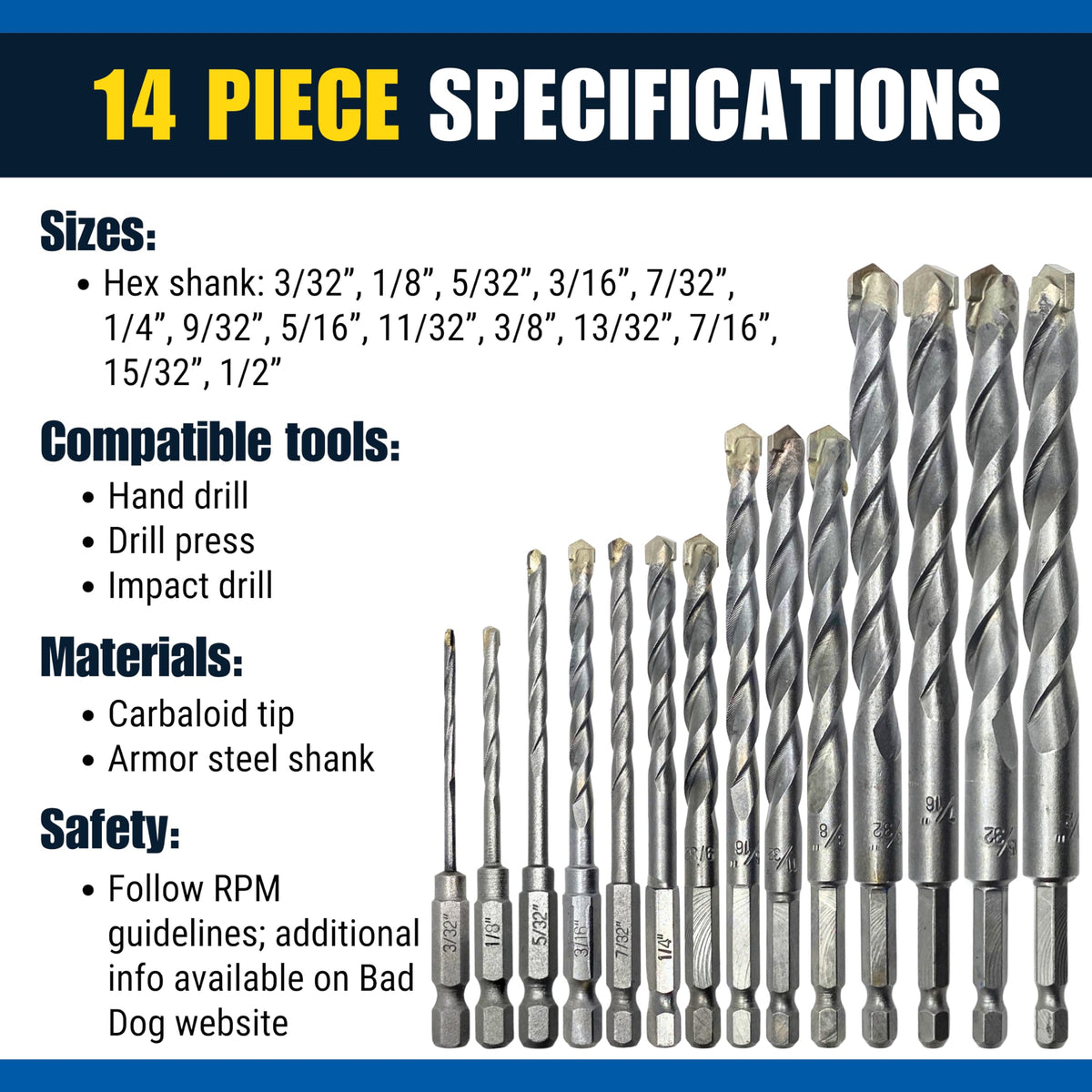 Bad Dog Multipurpose Drill Bits (14 Piece) with Diamond Sharpener Wheel (Includes arbors)