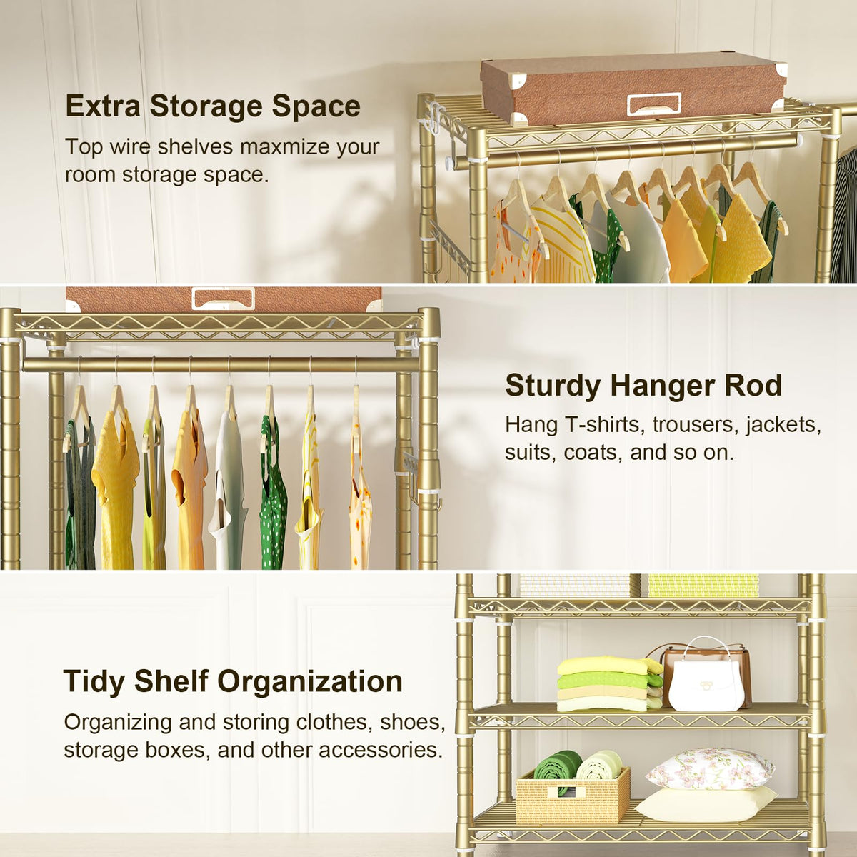 Ulif E1 Heavy Duty Closet Garment Rack, 6 Tiers Adjustable Metal Freestanding Expandable Clothing Storage with 4 Hanger Rods, Easy to Assemble Wardrobe, 71.4" H x (70" - 88.2") L x 14" D, Gold