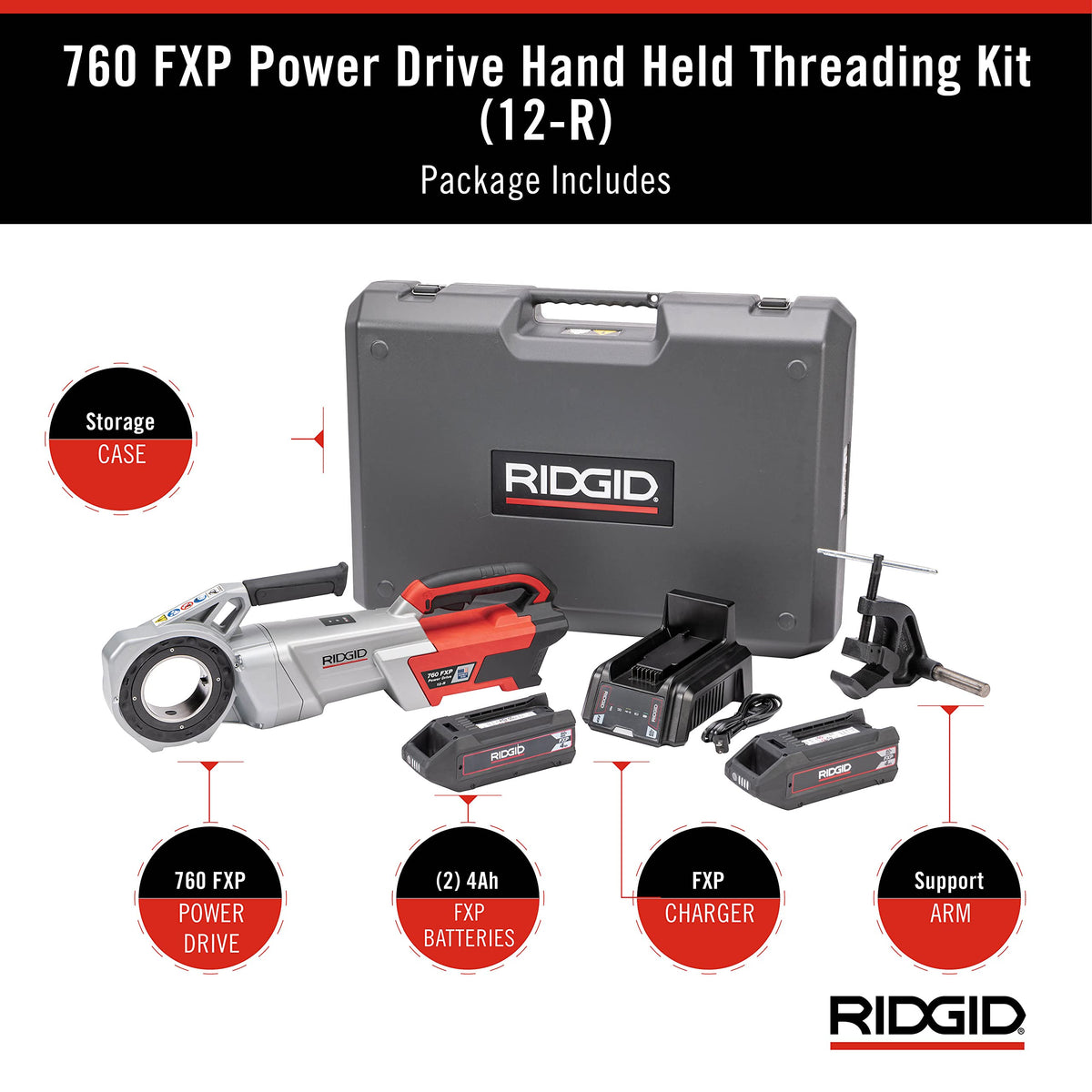 RIDGID 760 FXP Cordless Power Drive with 12-R Tool, Support Arm, and Case, Battery-Powered Pipe Threading Machine