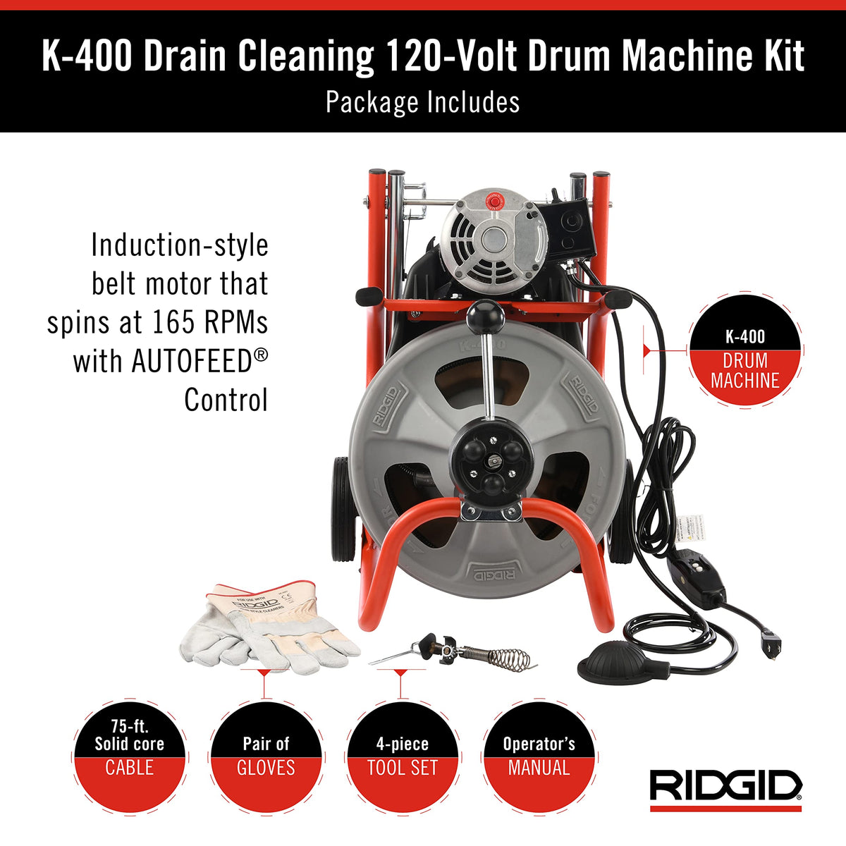 Ridgid 27013 K-400AF 115Volt C45IW Drum Machine with C45 Integral Wound Cable with Autofeed