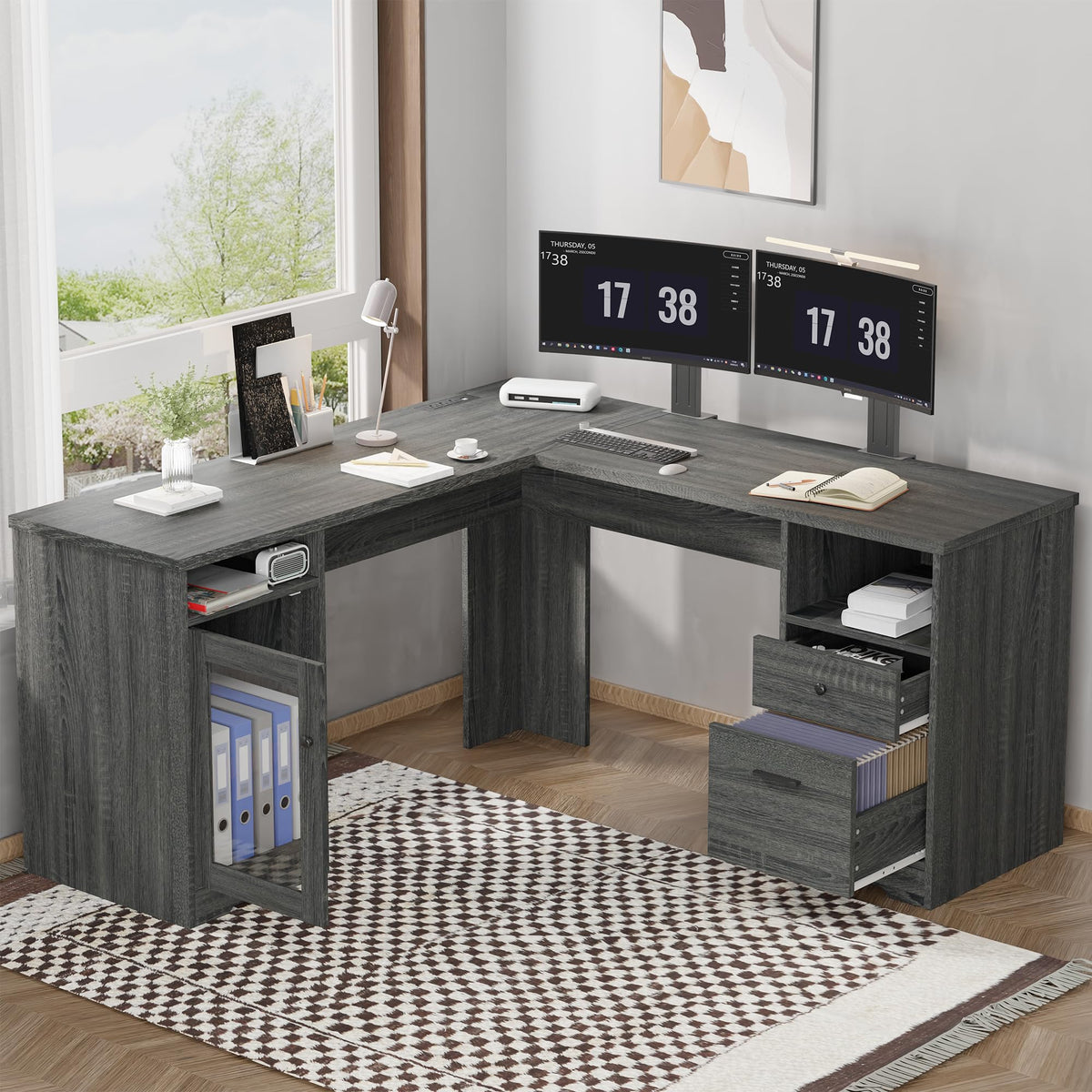 MU L Shaped Desk with File Cabinet, Corner Computer Desk with Storage Drawers, Large Home Office Table with Power Outlets, 60 Inch (Grey)