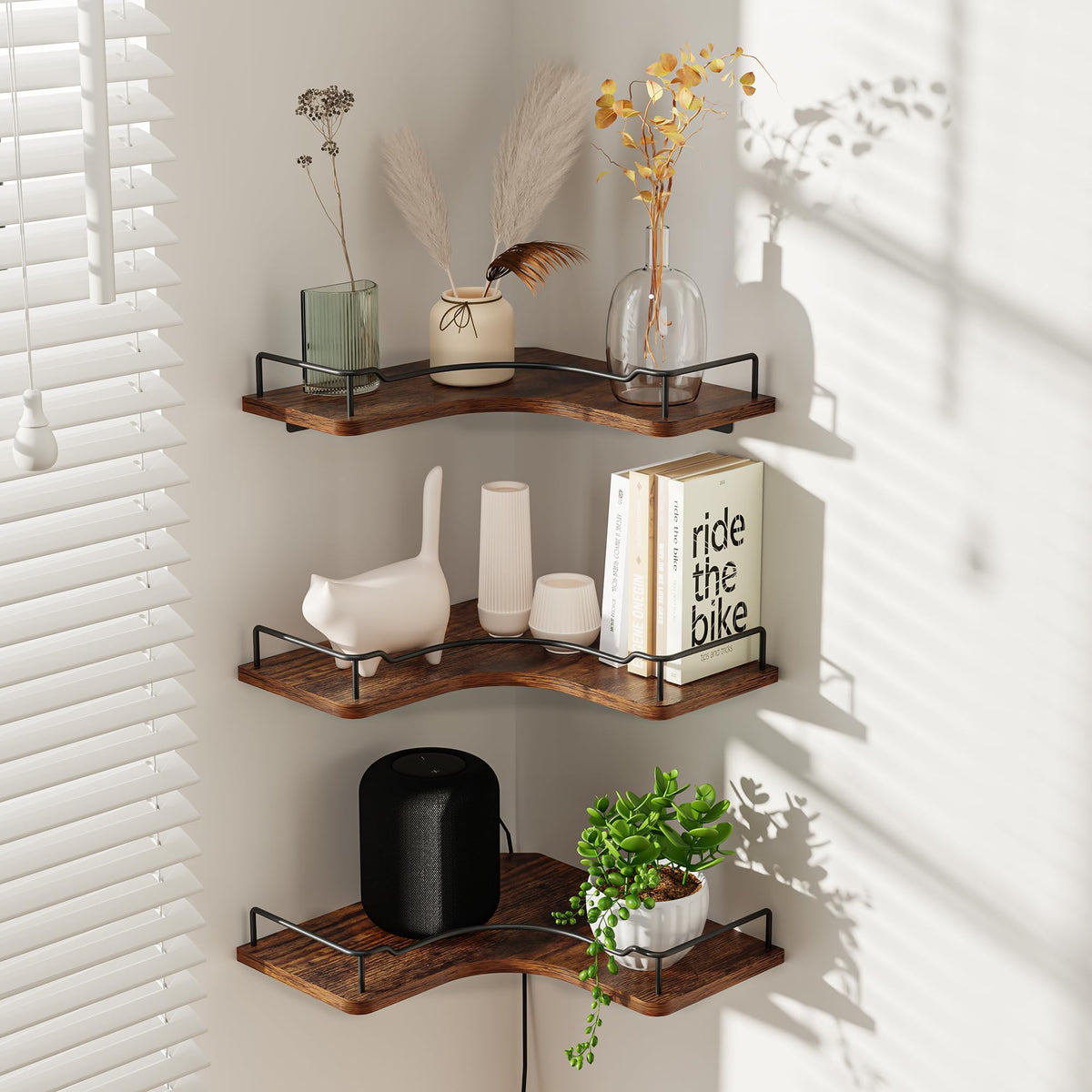 FNBAR L-Shaped Corner Floating Shelves Set of 3,Rustic Wood Wall Mounted Storage Shelves,Display Shelf for Bathroom, Kitchen,Bedroom, Living Room, Office (Brown)
