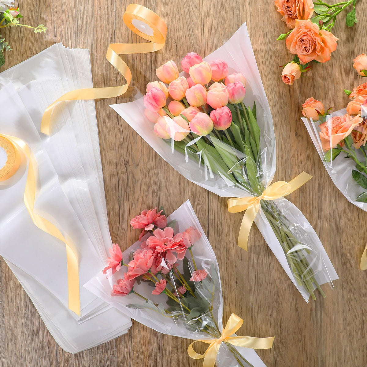 Fullhawl 50 Pcs Flower Bouquet Wrapping Bags 9.8 x 17.9 Inch and 14.2 x 22 Inch Mother's Day Kraft Paper Flower Sleeves Floral Bags with Ribbons for Bouquet Wedding Birthday Graduation (White)