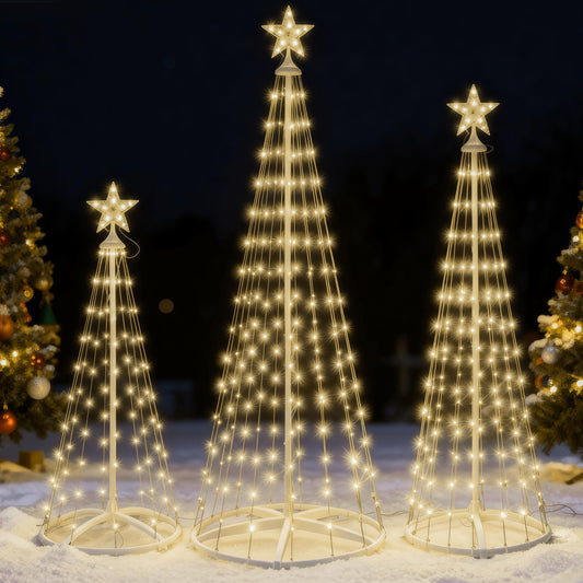 JOYIN 3 Pack LED Christmas Cone Tree Lights, 4FT 5FT 6FT Outdoor Lighted Tree with 8 Lighting Modes & Star Topper, Christmas Decorations for Yard Porch Patio Garden Holiday Decor, Warm White