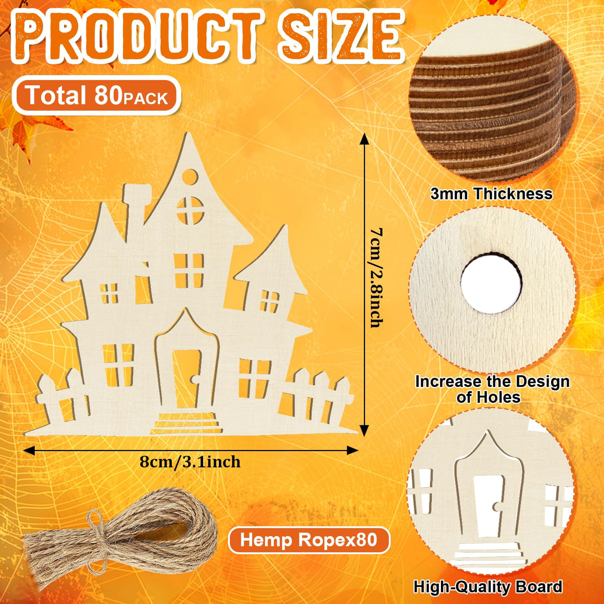 80PCS Wooden Halloween Ornaments to Paint Fall Decorations,10 Styles DIY Blank Autumn Unfinished Wood Skull Pumpkin Ghost Bat Boo Trick or Treat Halloween Cutouts Ornament for Crafts Party Hanging