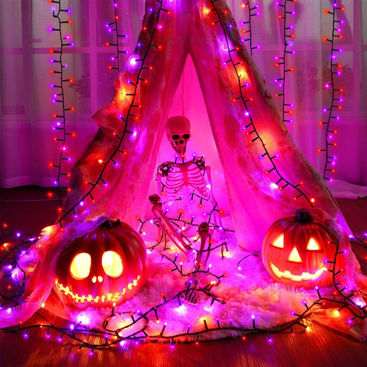 BSGlobal Purple Orange Halloween String Lights Battery, Total 20Ft 400 LED Cluster String Lights with Timer 8 Modes Firecracker Lights Outdoor Waterproof for Tree Home Decor