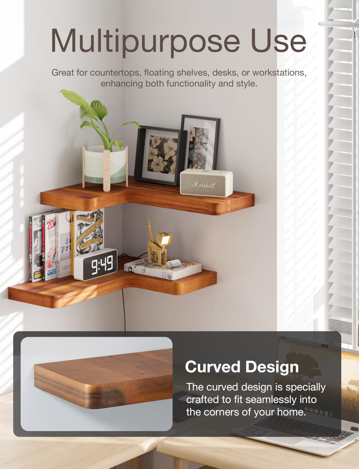 BATODA Acacia Wood Corner Floating Shelves 17" x 12"– Corner Shelf Wall Mounted - Floating Book Shelves for Wall - Brackets and Shelving Hardware Included for Kitchen, Living Room, Bathroom (Set 2)
