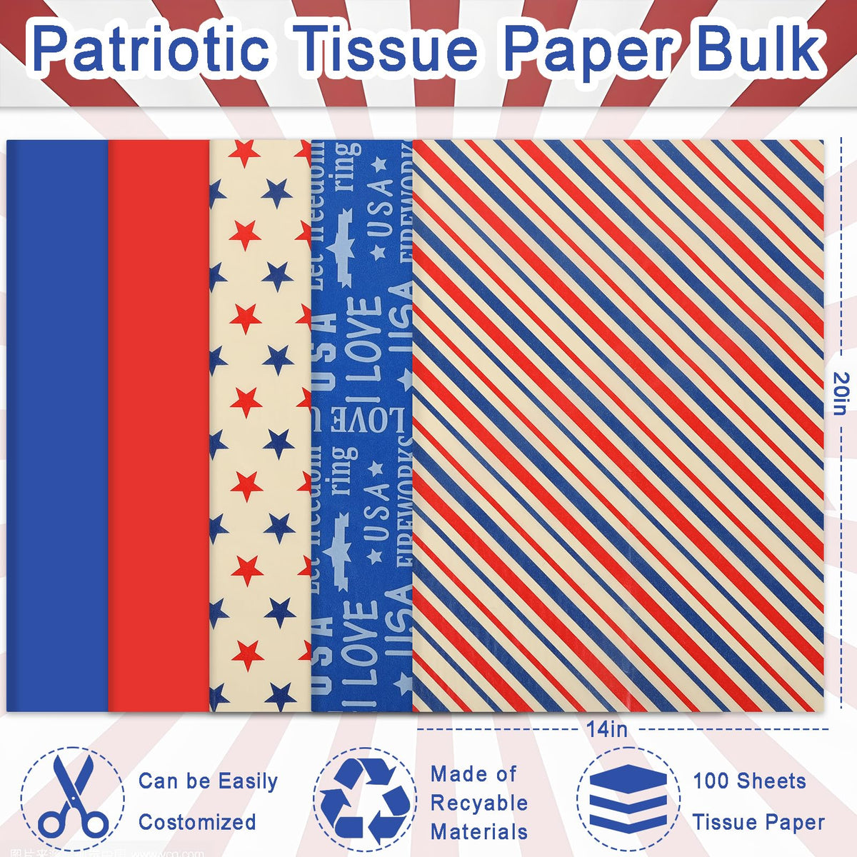 100 Sheet Retro Patriotic Tissue Paper, 5 Styles Stars Stripes Patterns Patriotic Art Tissue Paper for Veterans Day DIY Crafts 4th of July American National Day Party Supplies, 13.8 x 19.7‘’