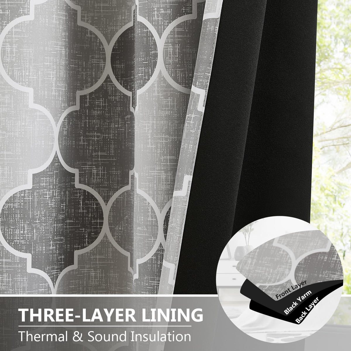 Ronaldecor Full Blackout Curtains 84 Inches Long 2 Panels Gray Moroccan Lattice Patterned Drapes Room Darkening Thermal Insulated Grommet Top Window Treatments Sets for Bedroom Living Room, 52" W