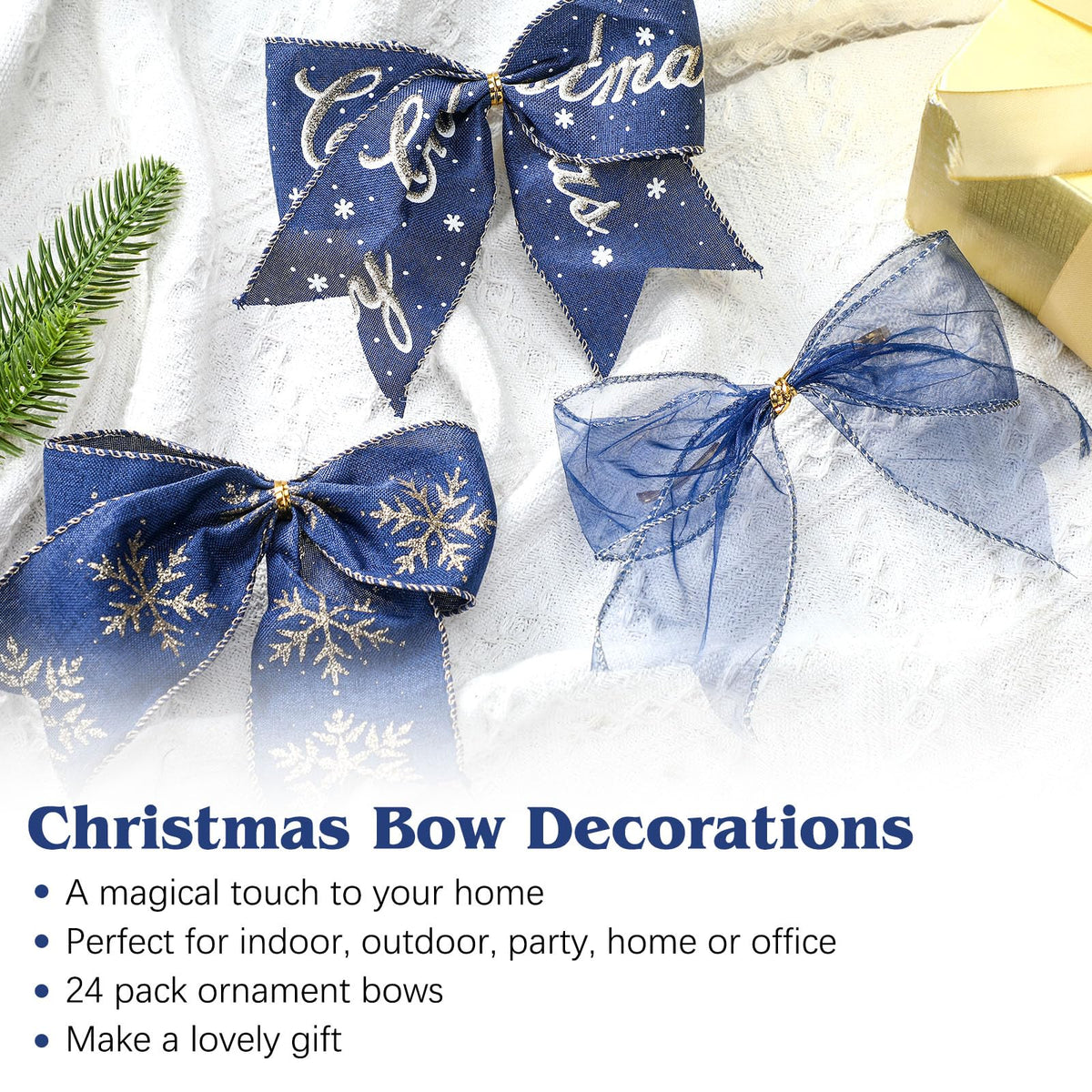 Norme 24 Pcs Navy Blue Christmas Ribbon Bows with Twist Tie Pretied Premade Navy Blue and Gold Ribbon Bows for Xmas Tree Wreath Garland Home Decor Indoor Outdoor Decorations