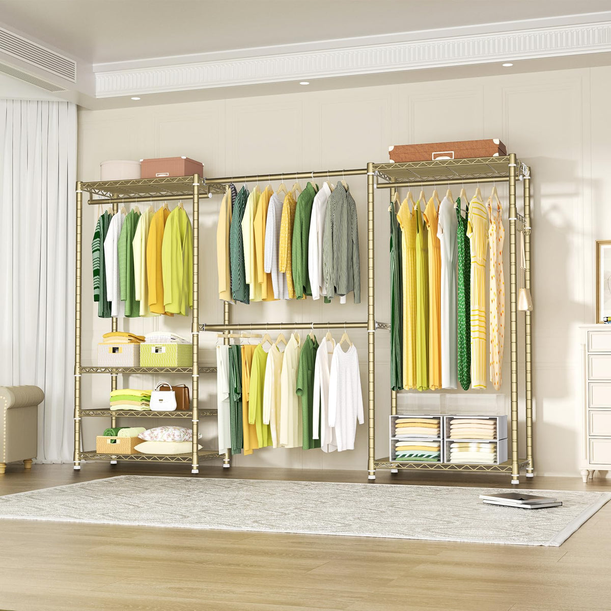 Ulif E1 Heavy Duty Closet Garment Rack, 6 Tiers Adjustable Metal Freestanding Expandable Clothing Storage with 4 Hanger Rods, Easy to Assemble Wardrobe, 71.4" H x (70" - 88.2") L x 14" D, Gold
