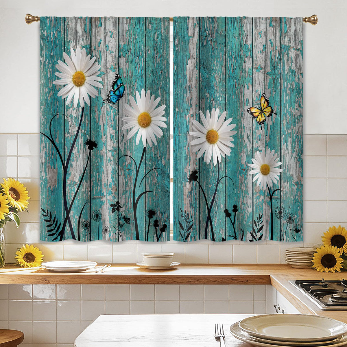 Cizuug Farmhouse Teal Daisy Kitchen Curtains Rustic Wooden Country Small Short Cafe Window Curtains Vintage Flower Floral Rod Pocket Bathroom Drapes Treatment Tier Curtains 2 Panels(27.5x39 Inch)