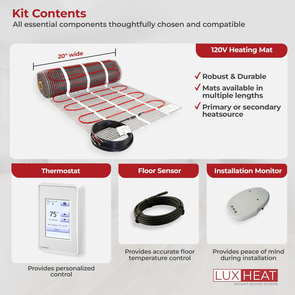 LuxHeat 30sqft Floor Heating Mat Kit - 120v Under Tile Floor Heating System - Complete Electric Radiant Heated Flooring System Includes Alarm, UDG4 Programmable Thermostat w/GFCI & Flooring Sensor