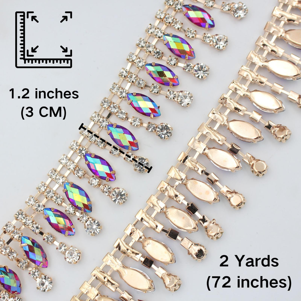 PEARLY JUN 2 Yards Rhinestone Trim Chain Crystal AB Gold Fringe Sewing Dress DIY Party Wedding Bouquet for Decoration Bridal Costume Embellishment Clothing Accessories