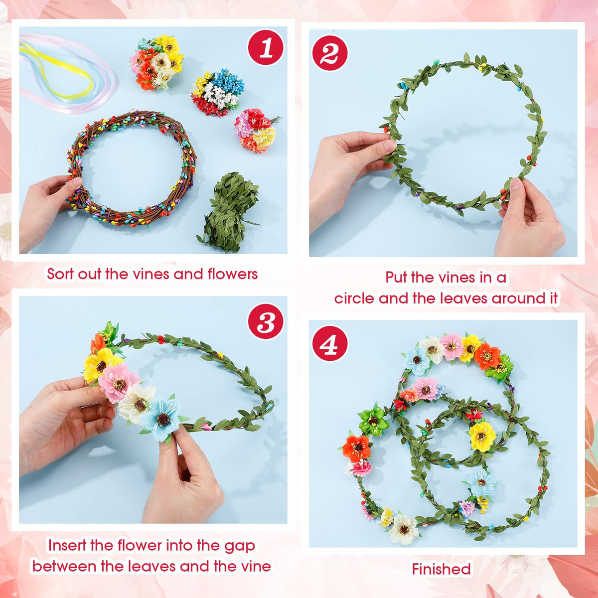 Suncalla 30 Sets Flower Crowns Making Kit, Make Your Own Flower Crown Wreath Garland Headbands and Bracelets Craft Kit Handmade DIY Floral Hair Accessories Gift for Women (Hibiscus)