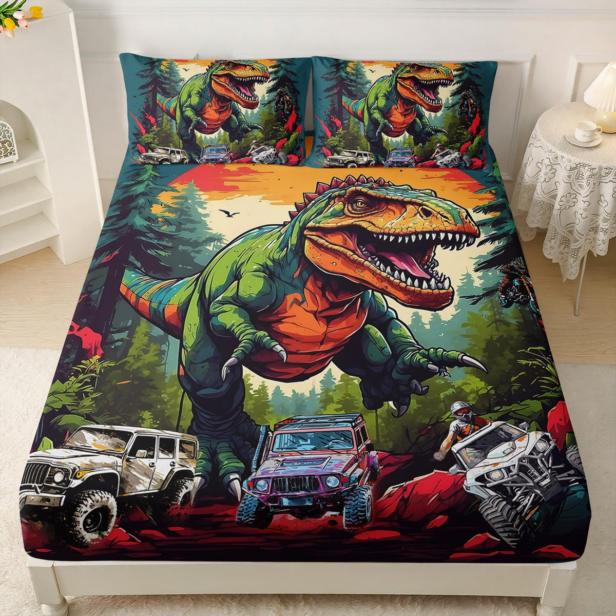 AILONEN Cartoon Truck Dinosaur Fitted Sheet Set Twin Size, Dinosaur with Monster Trucks Bedding Set for Boys Kids,Sunset Theme Bedsheets Set,3-Pieces,1 Sheet Set + 2 Pillowcases,Soft,Breathable